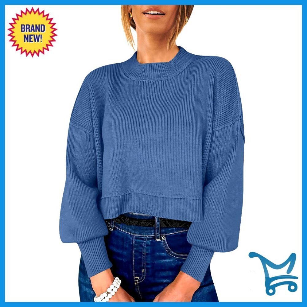 Cropped Oversized Sweater Batwing Sleeves Side Slit Ribbed Knit Pullover